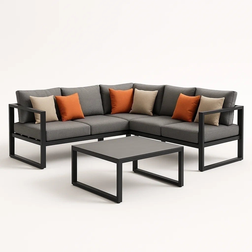 Ecksofa-Set aus Aluminium mit Grauen und Orangen Kissen