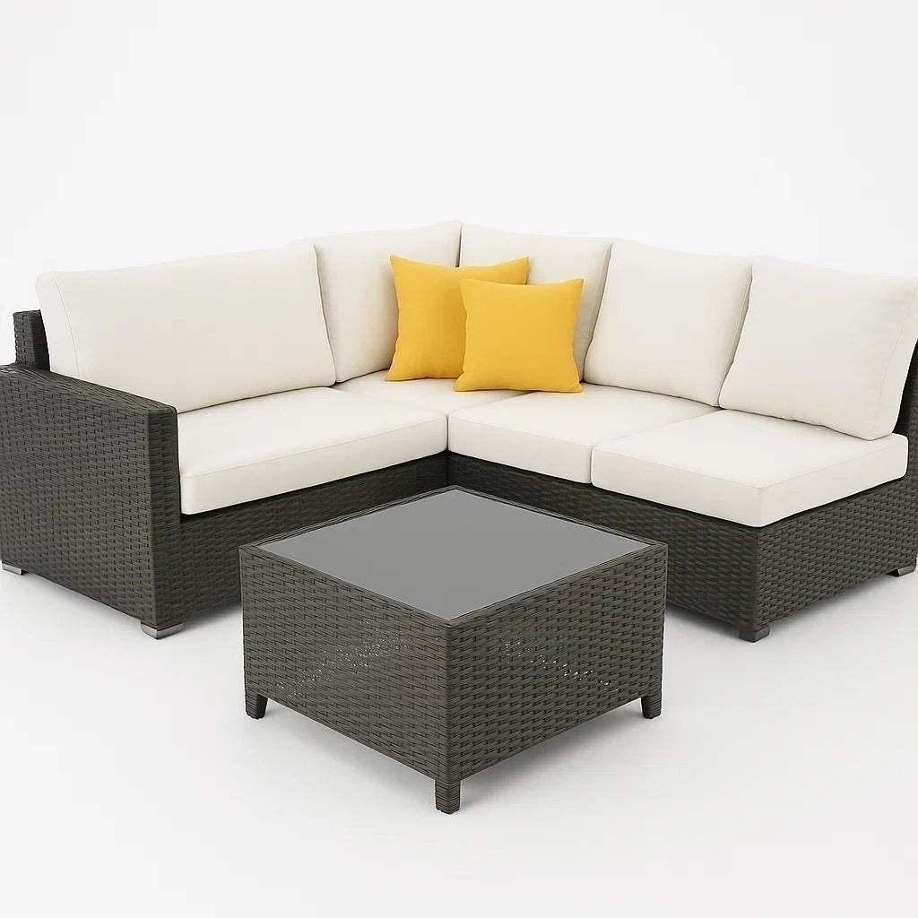 Ecksofa Set Polyrattan Weiß/Gelb mit Couchtisch