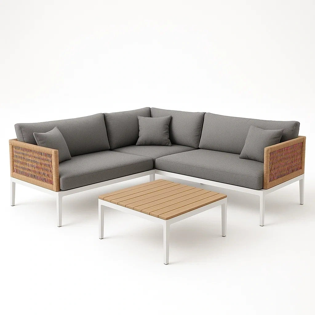 Ecksofa-Sitzgruppe aus Aluminium und Holzgeflecht, Grau