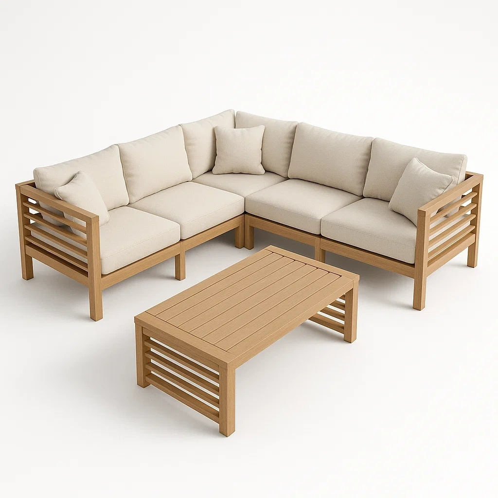 Ecksofa-Set aus Teakholz mit Polyester-Leinenpolsterung, Beige