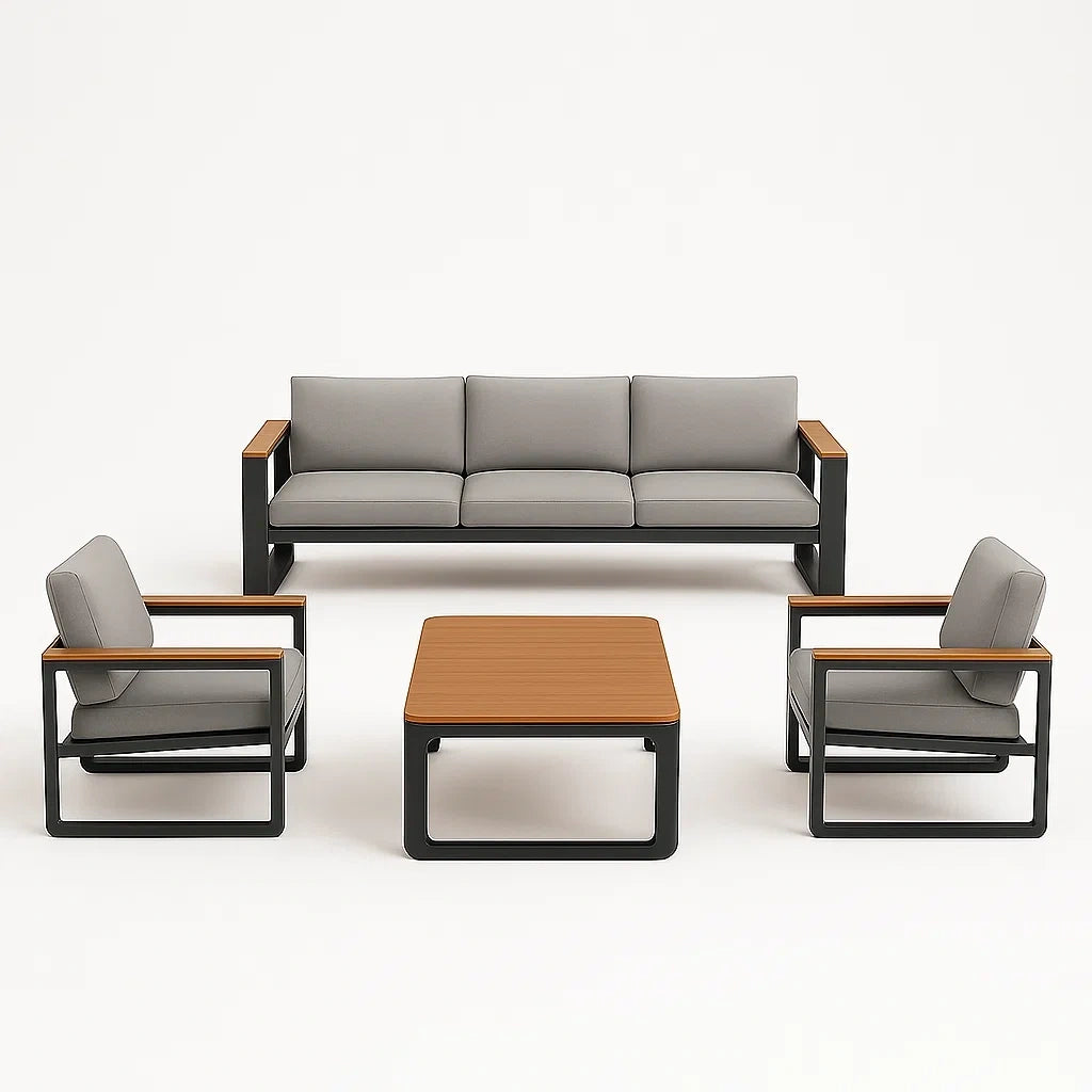 Gartensitzgruppe 4-teilig, Aluminium, Grau/Holzoptik