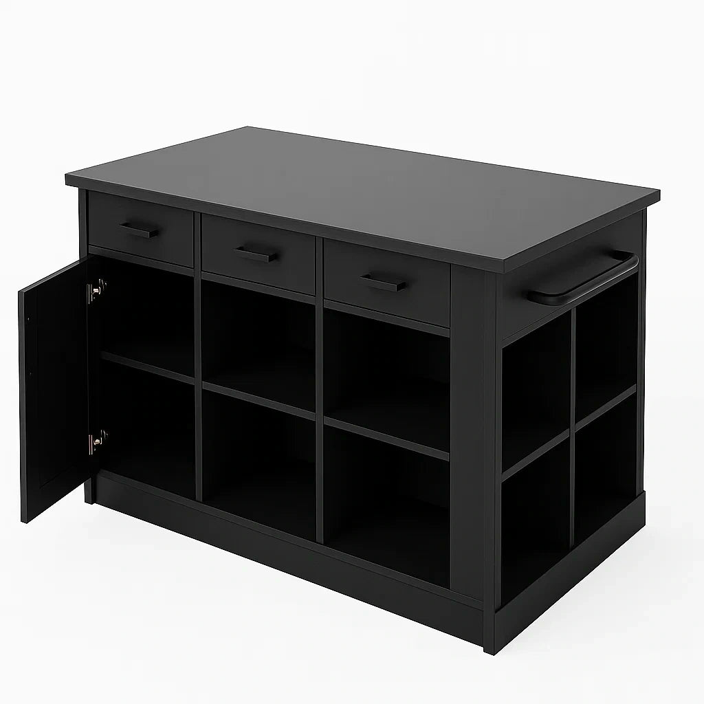 Schwarze Kücheninsel aus MDF mit 3 Schubladen und 9 Fächern