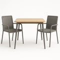 Aluminium Tisch mit Holzoptik und 2 graue Polyesterrattan Stühle