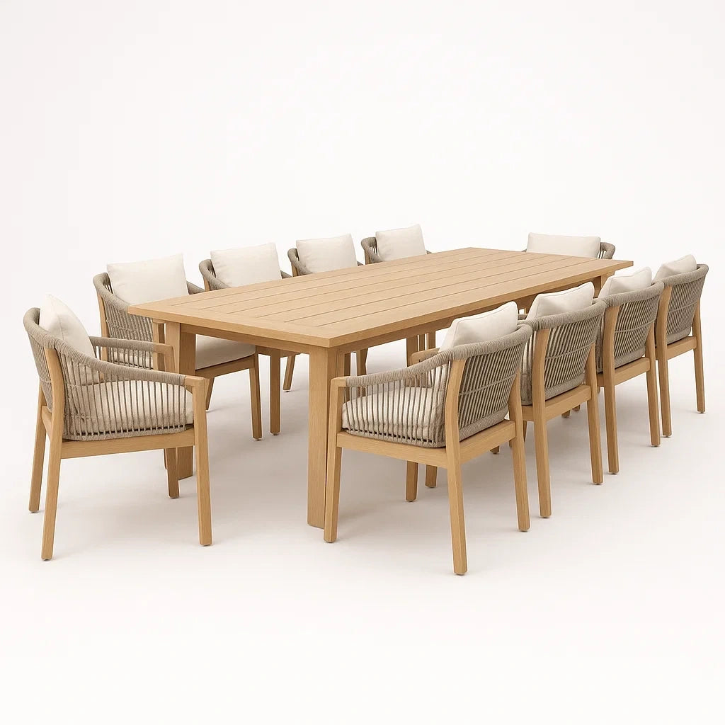 Teakholz Gartentisch-Set mit 10 Stühlen Beige