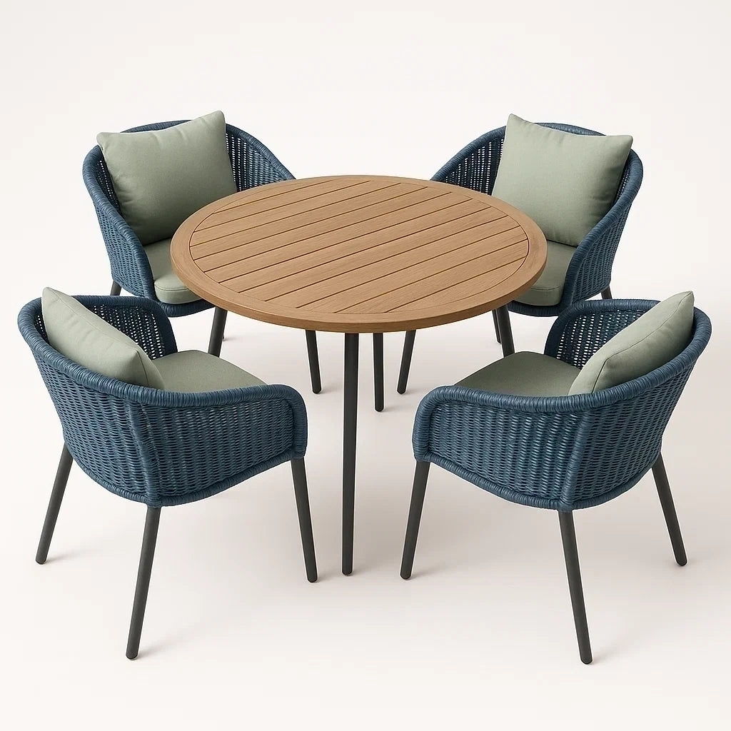 Runder Gartentisch mit Metall, Polywood und Polyestergeflecht, Blau/Sandfarben