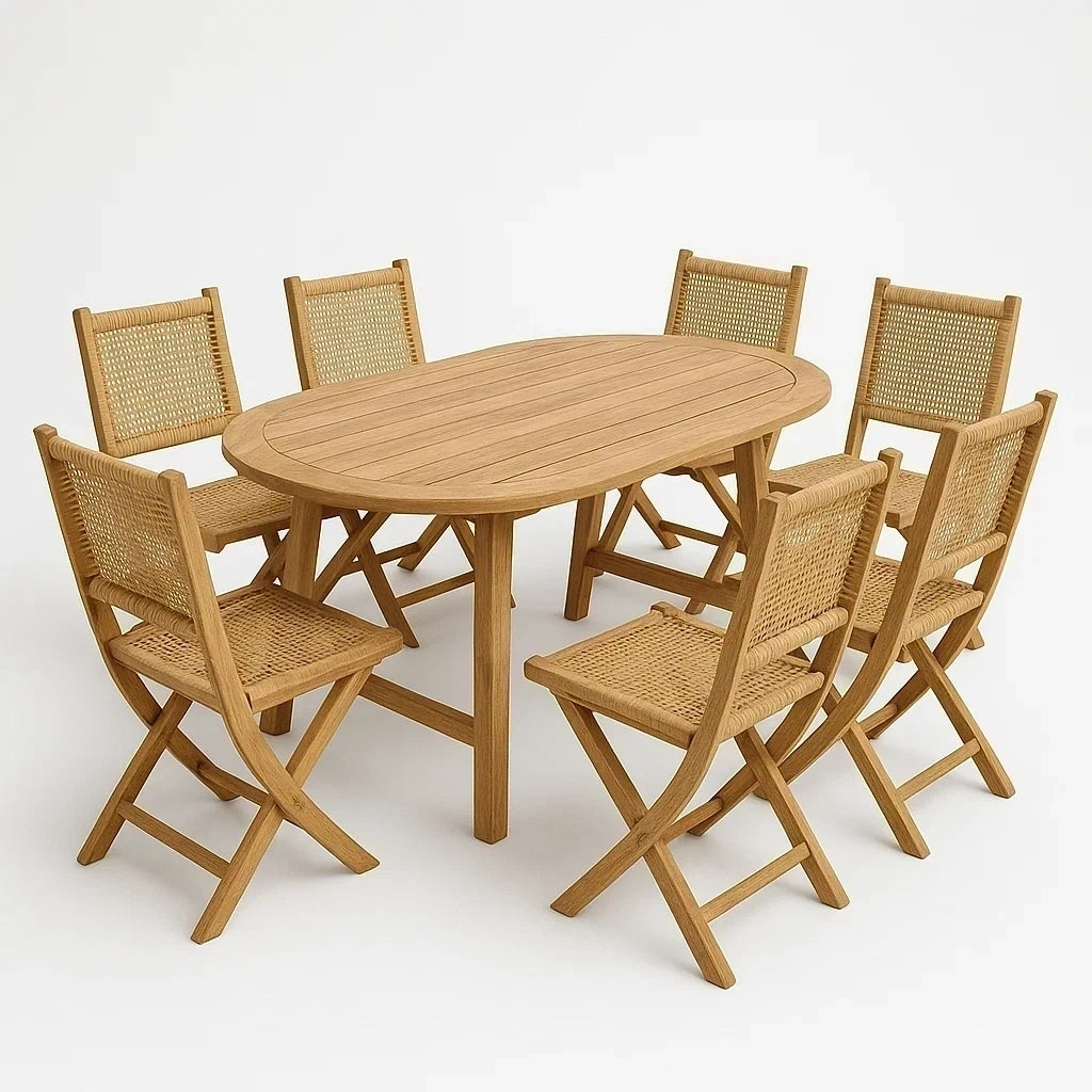 Essgruppe aus Teakholz mit 6 Klappstühlen und Rattangeflecht, oval