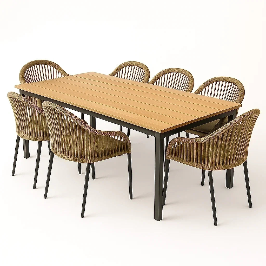 Holz-Aluminium Gartenmöbelset Esstisch mit 6 Rattanstühlen 200 cm