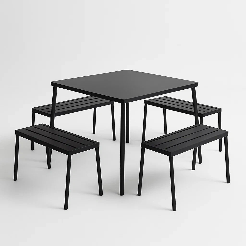 Metall Gartenset Schwarz, Tisch mit 4 Bänken