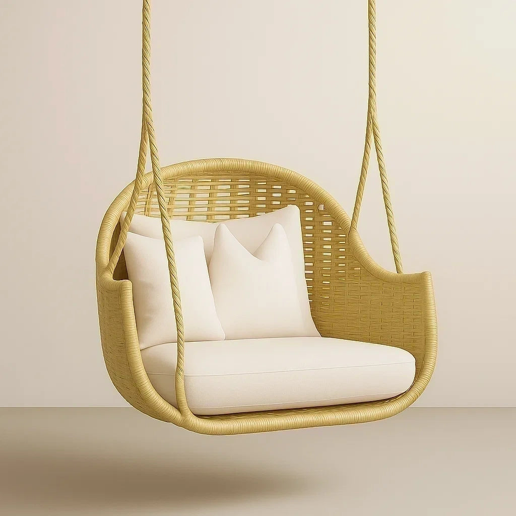 Rattan Hängesessel Beige mit Kissen
