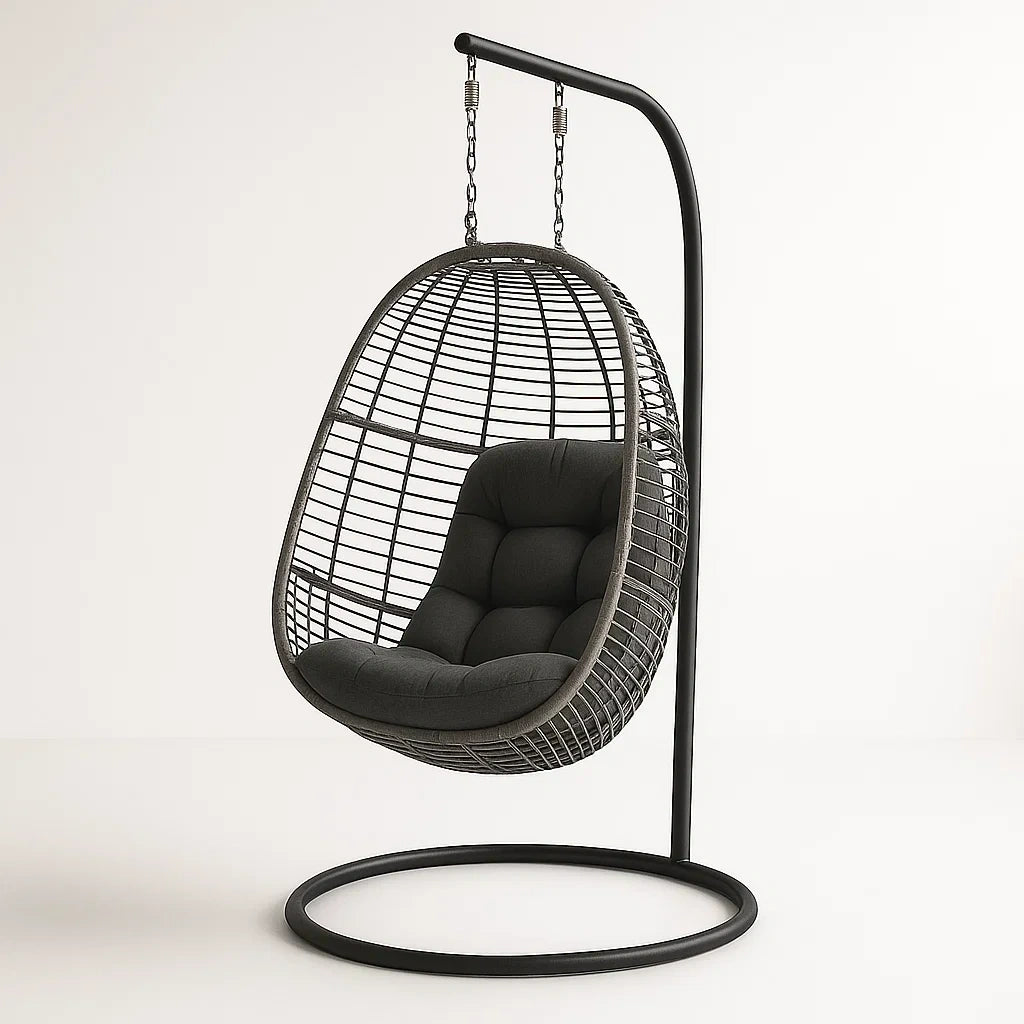 Stahl Hängesessel mit Polyrattan und Polyesterkissen