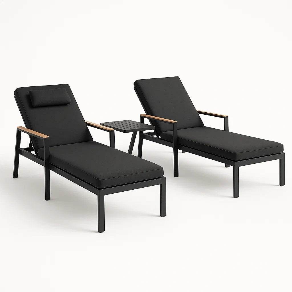 Garten-Liegen-Set Aluminium Schwarz mit Kissen und Tisch