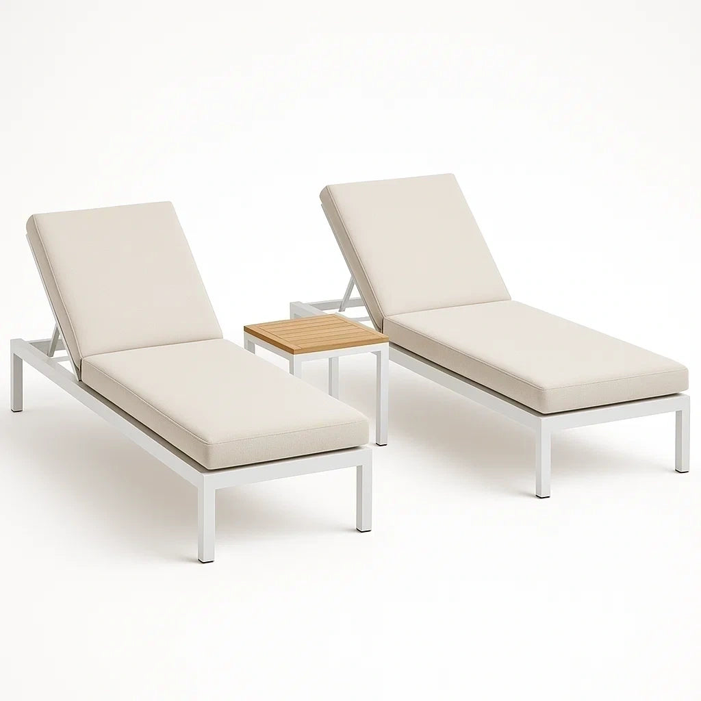 Gartenliegen-Set aus Aluminium mit Teakholz und Polyesterbezug, Beige